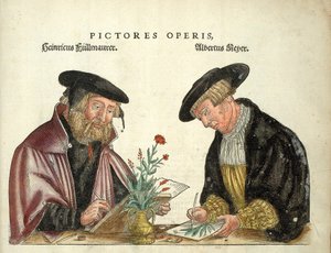 2 kirjan kuvittanutta taiteilijaa, Albert Meyer ja Veit Rudolph Speckle, Leonhart Fuchsin "" De Historia Stirpium commentarii -merkit,..." tekijältä Unknown artist