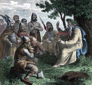 Bardi lausumassa pohjoismiehille - Viikinkisivilisaatio: Bardidruidi lausuu runoa sotureille, 8.-9. vuosisata tekijältä Unknown artist