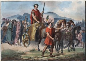 Roman Triumph - kaiverrus kirjasta "" Kaikkien maailmankaikkeuden kansojen tavat ja tavat. Eli kaikkien kansojen hallituksen, lakien, miliisin, uskonnon historia kaukaisimmista ajoista nykypäivään "1856 tekijältä Unknown artist