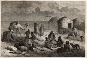 Turkestanin ja Persian raja-alueella sijaitseva turkomaanien leiri, jokaisessa teltassa, joka koostuu puisista ritiloista ja on peitetty huovalla, asuu perhe. Kaiverrus havainnollistamaan Henri de Blocquevillen tarinaa "14 mois de captivite chez les turcom tekijältä Unknown artist