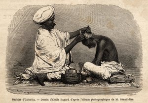 Parturi työskentelee Kalkutan kaduilla. Kaiverrus havainnollistamaan matkaa Intian pituuspiiriprovinsseissa, Alfred Grandidier, 1862-1864, julkaistu "" le tour du monde" -lehdessä, toimittanut D
