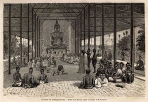 Bonze vihkimisseremonia temppelissä Angkorin läheisyydessä Kambodžassa. Kaiverrus havainnollistamaan tutkimusmatkaa Indokiinassa, luutnantti de Vaissseaun Francis Garnier, vuosina 1866-1868, julkaistu "" Le tour du monde""" 1870-1871, toimittanut tekijältä Unknown artist
