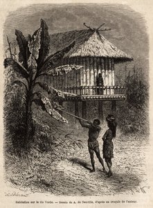 Pari intiaania Rio Verdestä (Brasilia) mies sarbakaanineen tyypillisen paalujen varassa olevan talon edessä. Kaiverrus havainnollistamaan matkaa New Granadaan, tohtori Saffray, vuonna 1869, julkaistu "" Le tour du monde""" 1873, toimittanut Edouard Charton tekijältä Unknown artist