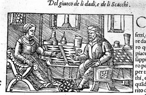 Pari pelaa noppaa. Kaiverrus "Historia de gentis septemtrionalis" jälkeen, Olaus Magnus, Rooma 1560. tekijältä Unknown artist