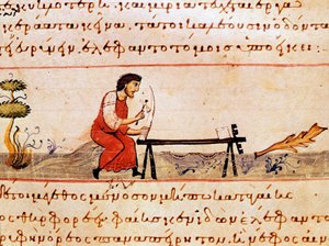 Norsunluuta työskentelevä käsityöläinen. Caracallalle omistettu Syyrian (3. vuosisadalla jKr.) Oppianin (Oppian tai Oppianus) metsästysammatin pienoismalli ”The Cynegetics”. 1000-luvun Venetsia. Biblioteca Marciana tekijältä Unknown artist