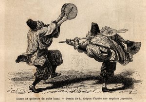 Kami-kultin konferenssin tanssi litanioiden ja odottamattomien koreografisten hahmojen lausumalla. Kaiverrus havainnollistamaan matkaa Japaniin, Sveitsin valaliiton ministeri Aime Humbert vuosina 1863-1864, julkaistu "" le tour du monde" -lehdessä. tekijältä Unknown artist