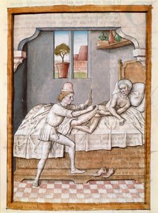 Lääkäri hoitaa miniatyyripotilasta Bidpain "Kalilan (Calila) ja Dimnan" tarinoiden saksankielisestä käännöksestä. (ms. 1389, fol. 23) noin 1480 Chantilly, museo Conde tekijältä Unknown artist