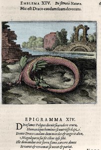 Lohikäärme, joka hakkaa häntäänsä (tai Ouroburo (?)). Alkemiaretkeltä otettu levy ""Lentävä Atalanta on luonnon salaisen kemian symbolinen romaani" Michel Maier (1568-1622) tekijältä Unknown artist
