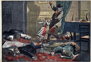 Murhattu perhe: Leblond-perheen murhaaja Caillardin toimesta Nassandressa, lähellä Bernayta. Kuvitus "" le Pelerin" -lehdessä 10. huhtikuuta tekijältä Unknown artist