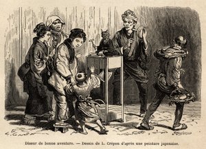 Ennustaja Edon (nykyisen Tokion) kaduilla. Kaiverrus havainnollistamaan matkaa Japaniin, Aime Humbert, Sveitsin valaliiton ministeri, vuosina 1863-1864, julkaistu "" le tour du monde" -lehdessä Edouard Chartonin ohjauksessa, Hachette, Pari tekijältä Unknown artist