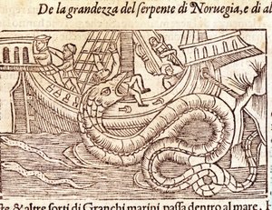 Jättiläinen merikäärme hyökkää laivan kimppuun ja lyö sen miehistön. Kaiverrus Olaus Magnus (1490 - 1557), ruotsalainen uskonnollinen ja maantieteilijä, "Historia de Gentis Septentrionalibus", Venetsia tekijältä Unknown artist