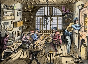 Kultasepänpaja - Käsityö: Etienne Delaunen (1518-1583), kultasepän, ranskalaisen kirjapainon työpajan näkymä. Kaiverrus alkuperäisen mukaan vuodelta 1576. Etienne Delaulnen, kultasepän työpaja Pariisissa tekijältä Unknown artist