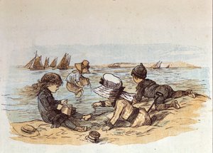 Ryhmä lapsia leikkimässä veden äärellä hiekalla. 1881 tekijältä Unknown artist