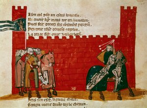 Ritariryhmä poistumassa pienoislinnasta "" Entree of Spainista"". 1300-luvun Venetsia, Biblioteca Marciana tekijältä Unknown artist