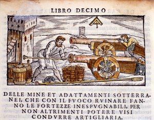 Tykkimies lataa aseeseen räjähteitä. Kaiverrus metallurgisesta lypsystä "" De la Pyrotechnia" (tai Pirotechnia), kirjoittanut Vannoccio Biringuccio (1480-1539) 1550. tekijältä Unknown artist