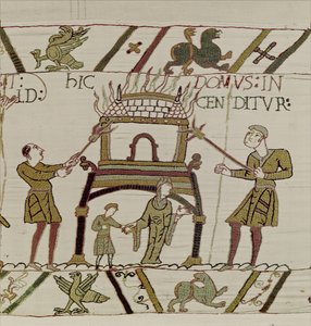 Normanit polttivat talon, Bayeux Tapestry (villakirjonta pellavalle) tekijältä Unknown artist