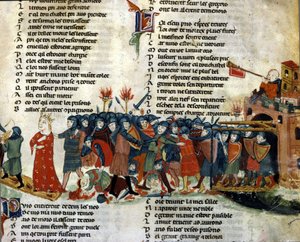 Kuningas joutuu vangiksi vihollisen armeijan toimesta, kun taistelun uhrit makaavat maassa. Benoit de Saint Mauren "Roman de Troy" -miniatyyri. 1300-luvun Biblioteca Marciana, Venetsia tekijältä Unknown artist