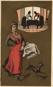 Pyykinpesukone, joka kuljettaa pyykkiä korissa. Anonyymi kromolitografia, 1800-luvun loppu. tekijältä Unknown artist