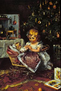 Pieni tyttö löytää nuken ja vaunut joulukuusen alta. 1800-luvulla tekijältä Unknown artist