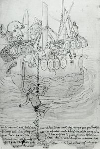 Mies yrittää korjata veneen runkoa maskilla. tekijältä Unknown artist