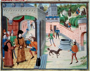 Sanansaattaja. Miniatyyri Loyset Liedetin käsikirjoituksesta "Renaud de Montauban" tai "Les quatre fils Aymon" (toimii vuosina 1448-1478). Ms. 5073. 1400-luvun Bibliotheque de l