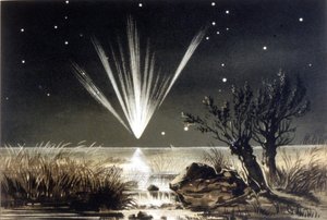 Meteoriitti putoaa mereen. Värillinen litografia 1800-luvun lopulta tekijältä Unknown artist