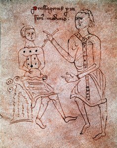 Neurologi tutkii pienoispotilaan hermostoa käsikirjoituksesta "" De surgia"" 1200-luvun Venetsian Biblioteca Marciana tekijältä Unknown artist