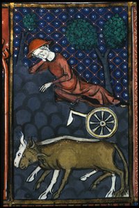 Talonpoika lepää, hänen vieressään härät ja miniaura 1300-luvulta. tekijältä Unknown artist