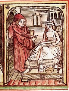 Lääkäri antaa potilaalleen lääkekasveilla tehdyn hoidon Kaiverrus "Tractatus de pestilentiasta" 1400-luku - Praha, Kansalliskirjasto tekijältä Unknown artist