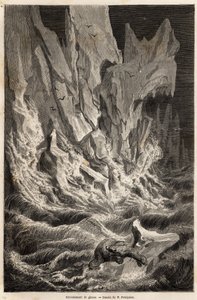 Jääkarhu on peräisin jäävuorelta, kun Spitzbergistä, Jäämeren saaristosta, jäälohkon romahtaminen, piirros V. Foulquier, havainnollistaa Huippuvuoret vuosina 1838-1839, Charles Martins. Kaiverrus kirjassa "" Le tour du monde"", toimittanut tekijältä Unknown artist