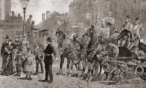 Poliisi pysäyttää liikenteen vilkkaasti liikennöidyssä risteyksessä, jotta jalankulkijat voivat ylittää tien, Lontoo, Englanti. tekijältä Unknown artist