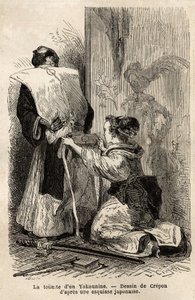 Samurain wc, nuori piika auttaa häntä sitomaan kimononsa. Kaiverrus havainnollistamaan matkaa Japaniin vuosina 1863-1864, Sveitsin valaliiton ministeri Aime Humbert "" Le tour du monde, nouveau journal des voyages" -julkaisussa, joka julkaistiin johdolla. tekijältä Unknown artist