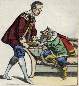 Palvelija palvelee kissa saappaat hiiren tarjotin. Kuvitus Charles Perraultin tarinasta "Kissapullo". tekijältä Unknown artist
