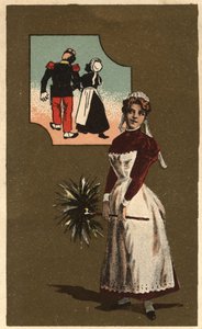 Palvelija, jolla on höyhen. Hän on haaveillut komean sotilaan kädestä. Anonyymi kromolitografia, 1800-luvun loppu. tekijältä Unknown artist