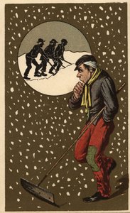 Lumen kerääjä lapioineen. Anonyymi kromolitografia, 1800-luvun loppu. tekijältä Unknown artist