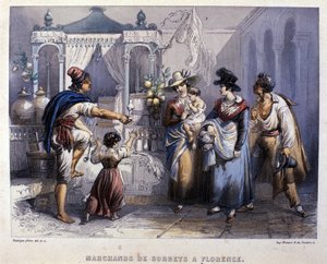 Sorbet-kauppias Firenzessä. Litografia noin 1820 tekijältä Unknown artist