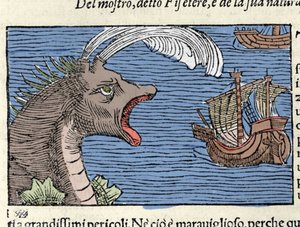 Kaskelotti (?) (fyseteri) hyökkää laivan kimppuun. Kaiverrus Olaus Magnus (1490 - 1557), ruotsalainen uskonnollinen ja maantieteilijä, "History of the Northern Nation", Venetsia tekijältä Unknown artist