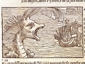 Kaskelotti (?) (fyseteri) hyökkää laivan kimppuun. Kaiverrus Olaus Magnus (1490 - 1557), ruotsalainen uskonnollinen ja maantieteilijä, "History of the Northern Nation", Venetsia tekijältä Unknown artist