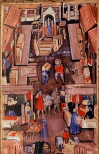 Kävelymatka: verhot, räätälit, vaatekauppiaat ranskalaisessa kaupungissa. Yläosassa pienoiskirkon rakentaminen 1400-luvun käsikirjoituksesta Paris, B.N. tekijältä Unknown artist