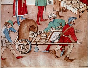 Kävelevä leipuri. Miniatyyri Ulrich Richentalin (1360-1437) "Konstanz kirkolliskokouksen kronikoista" 1438 suunnilleen Praha, kansalliskirjasto tekijältä Unknown artist