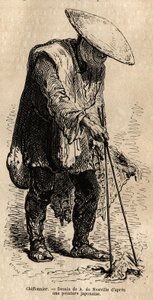 Kävelevä rätti, pitkiä syömäpuikkoja käyttäen hän nappaa korissaan varastoimaansa rievut ennen kuin myy ne tukkukauppiaalle. Sveitsin valaliiton ministerin Aime Humbertin 1863-1864 kaiverrus havainnollistamaan matkaa Japaniin, julkaistu "" le tour du -lehd tekijältä Unknown artist