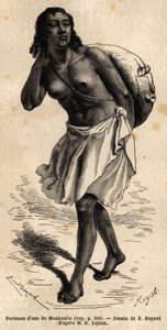 Monkoullosta kotoisin oleva vesikansi, samharalainen nainen (Etiopia), jolla on nahkapäällinen, joka roikkuu pitkästä palmukuituköydestä, jonka hän tyhjentää suureen savisäiliöön juottaakseen pedon. Kaiverrus pour illustrrer le voyage en Abyssinie, en 1862 tekijältä Unknown artist