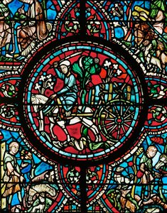 Viinikauppias kuljettaa viinitynnyriä, joka on sidottu kärryihin vahvalla köydellä (lasimaalauksia). tekijältä Unknown Artist