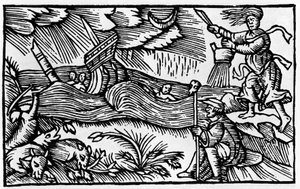 Noita aiheuttaa myrskyn Olaus Magnuksen "Historia de gentis nortentrionalibu" jälkeen, Rooma 1555 tekijältä Unknown artist