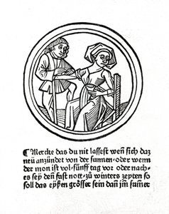 Naisen verenvuoto. Ksylografia Hyeronimus Braunschweigin "Buch de Surgeryssa". Strasbourg 1497 tekijältä Unknown artist
