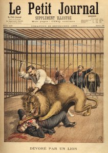 Nuori mies, joka haluaa tulla kuvatuksi leijonan häkissä, niellään, huolimatta kesyttäjän yrityksistä pitää leijona kiinni. Kaiverrus "" Le petit Journal" -lehdessä 29/09/1895. Selvan kokoelma. tekijältä Unknown artist