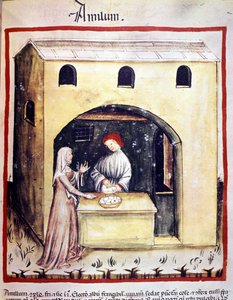 Nuori nainen ostaa munia kauppiaalta. Valaistus lääketieteen ja dietetiikan lypsystä "" Tacuinum sanitatis"" tekijältä Unknown artist