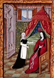 Nuori nainen luultavasti Louise Laval (kuoli 1480) makuuhuoneessa miniatyyri palvelijansa kanssa, joka on otettu "" Histoire de Jean III de Brush et de sa femme Louise de Laval"" (ms. 1475, fol. 10r) Chantilly, musee Conde tekijältä Unknown artist