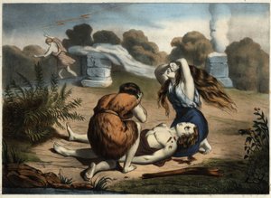 Abelin kuolema. Abel uhrasi yhden lampaistaan Jumalalle. Jumala piti tätä uhria parempana kuin veljensä Kainin hedelmäuhria. Tämä mustasukkainen murhaa veljensä. Anonyymi kaiverrus 1800-luvun puolivälistä. tekijältä Unknown artist