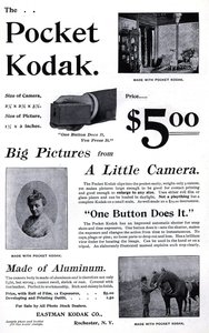 Kodak-taskukameran mainos. (Pocket Kodak) 1895. Private Coll. tekijältä Unknown artist